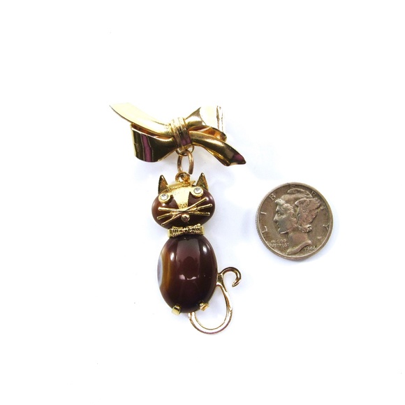 Dangle Cat Bow Tie Pin, 1960s, Rhinestones, Hobco - Picture 6 of 7